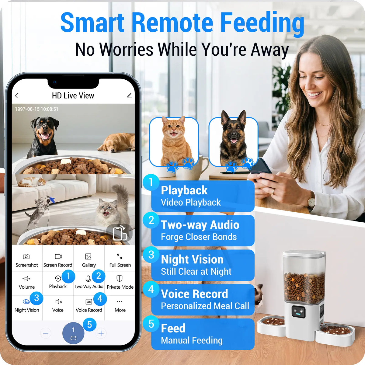 Frienhund Smart Pet Feeder with Dual Cameras - 7L Capacity, 1080P HD Monitoring, Night Vision, Slow Feed Mode, App Control, Timed and Portion Feeding, Dual Stainless Steel Bowls for Multi-Pet Households