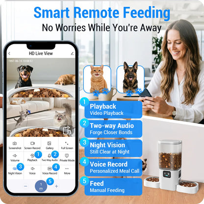 Frienhund Smart Pet Feeder with Dual Cameras - 7L Capacity, 1080P HD Monitoring, Night Vision, Slow Feed Mode, App Control, Timed and Portion Feeding, Dual Stainless Steel Bowls for Multi-Pet Households