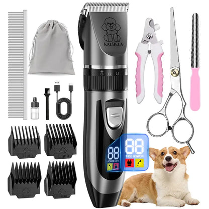 Professional Rechargeable Cordless Dog Grooming Clippers with Integrated Batteries, Low Noise and Vibration, LCD Digital Display, Complete Grooming Kit with Deodorant Plastic Combs, Universal Pet Hair Trimmer for Dogs and Rabbits