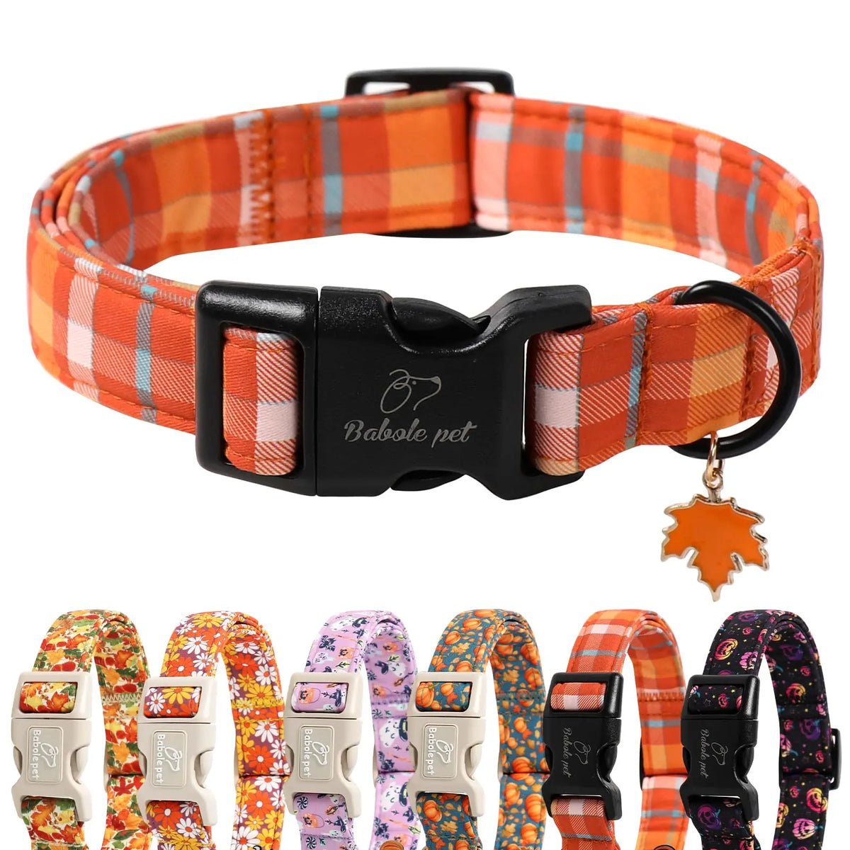 Amber Fall Pumpkin Cotton Dog Collar - Lightweight, Adjustable, and Durable with Plastic Buckle for Small Dogs, 5/8" Wide, Fits Necks 8-12", Chew Resistant, Hand Wash Only