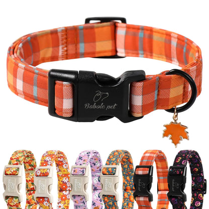 Amber Fall Pumpkin Cotton Dog Collar - Lightweight, Adjustable, and Durable with Plastic Buckle for Small Dogs, 5/8" Wide, Fits Necks 8-12", Chew Resistant, Hand Wash Only