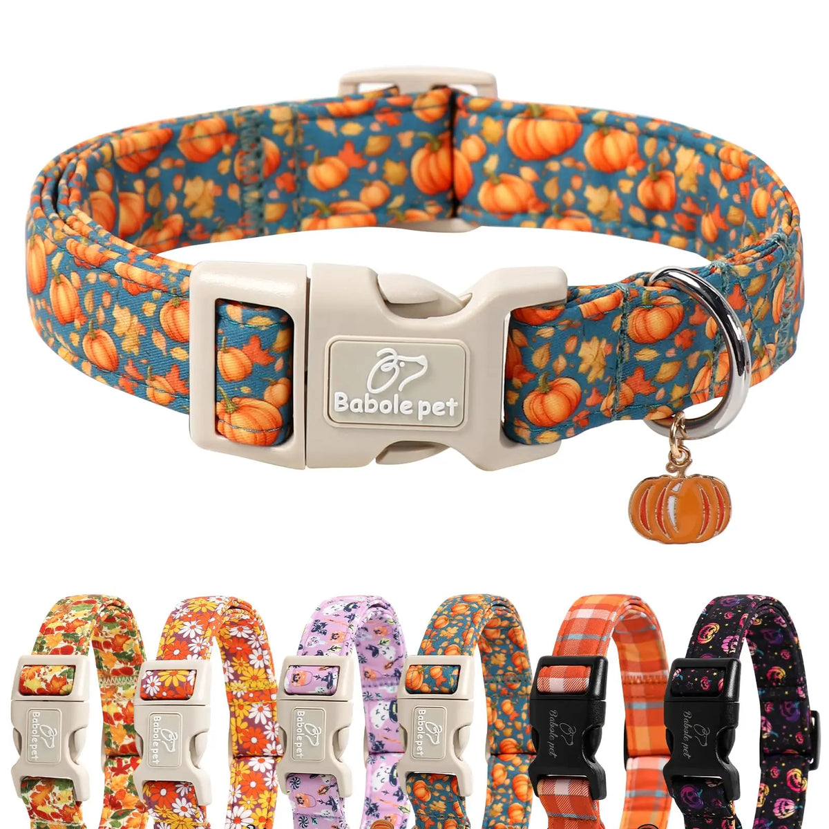 Amber Fall Pumpkin Cotton Dog Collar - Lightweight, Adjustable, and Durable with Plastic Buckle for Small Dogs, 5/8" Wide, Fits Necks 8-12", Chew Resistant, Hand Wash Only