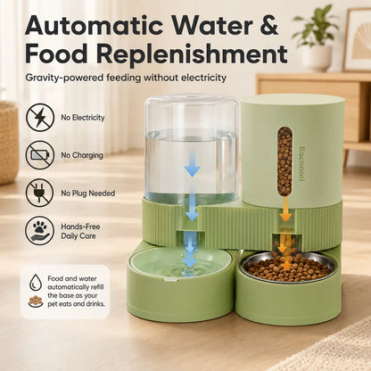 Kacoomi Dual Automatic Gravity Feeder and Water Dispenser Set for Cats - 2.4L Auto-Refill Water Capacity, 88Oz Mess-Free Food Storage, Durable Stainless Steel Bowl, Easy to Clean, Suitable for All Seasons