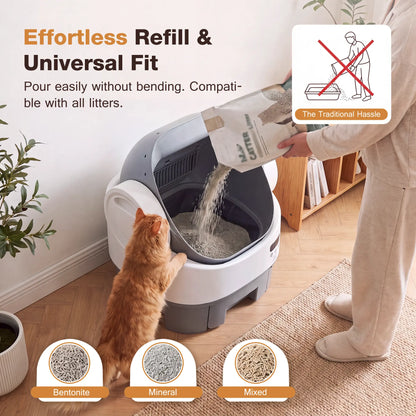 Alifuraha Smart Self-Cleaning Automatic Litter Box for Cats - Open-Top Design, Large Capacity (3.5 to 22 lbs), App-Free & Plug-and-Play, 4-Layer Safety System, Easy-Clean Drum, 15-Day Waste Storage, Scoop-Free Operation, 3-Minute Deep Cleaning, Odor Control, Auto/Manual Modes