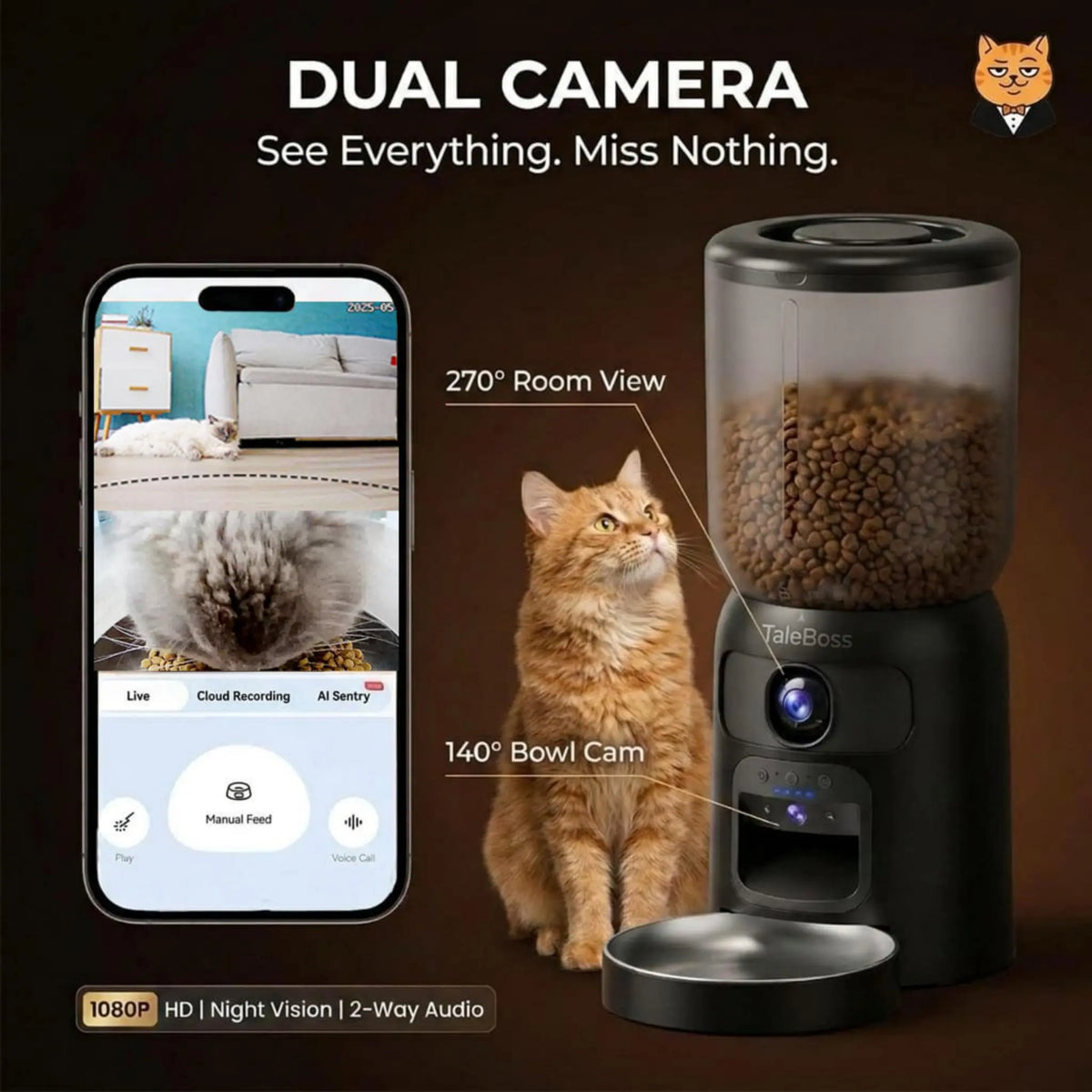 Taleboss 5L Smart Automatic Cat and Kitten Feeder with App Control, Integrated Camera, and Interactive Toy for Engaging Indoor Play