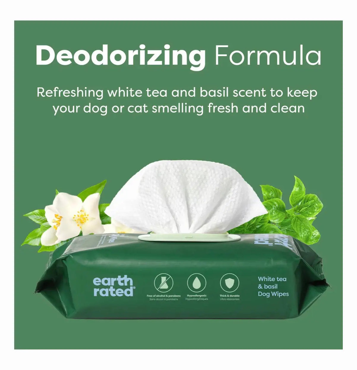 Earth Rated Dog Grooming Wipes Infused with White Tea & Basil - 100 Count