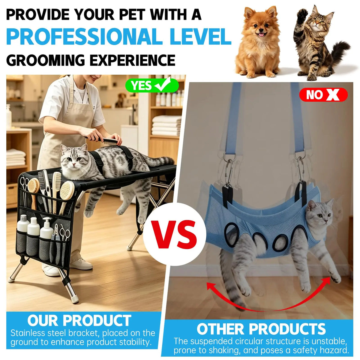 Pet Grooming Hammock for Small Dogs and Cats (Up to 22 lbs) - Stainless Steel Stand with Foldable Joint Protection Restraint for Grooming, Nail Trimming, and Bathing Care