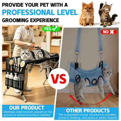 Pet Grooming Hammock for Small Dogs and Cats (Up to 22 lbs) - Stainless Steel Stand with Foldable Joint Protection Restraint for Grooming, Nail Trimming, and Bathing Care