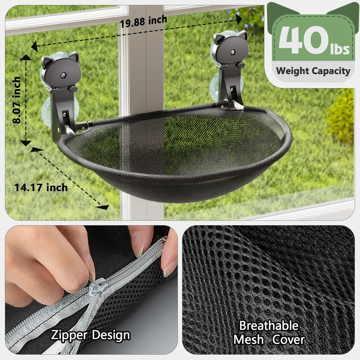 Cat Window Perch Hammock Bed with Suction Cups - Sturdy Mesh Fabric and Collapsible Metal Frame, Supports Up to 40 lbs for Sunbathing and Space-Saving in Homes and Apartments