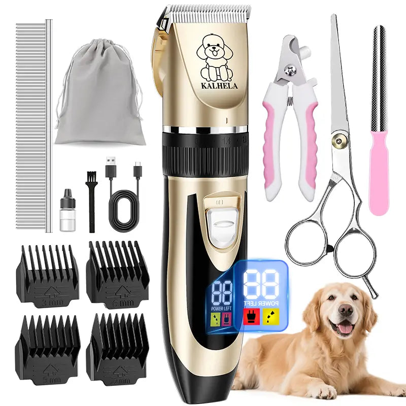 Professional Rechargeable Cordless Dog Grooming Clippers with Integrated Batteries, Low Noise and Vibration, LCD Digital Display, Complete Grooming Kit with Deodorant Plastic Combs, Universal Pet Hair Trimmer for Dogs and Rabbits
