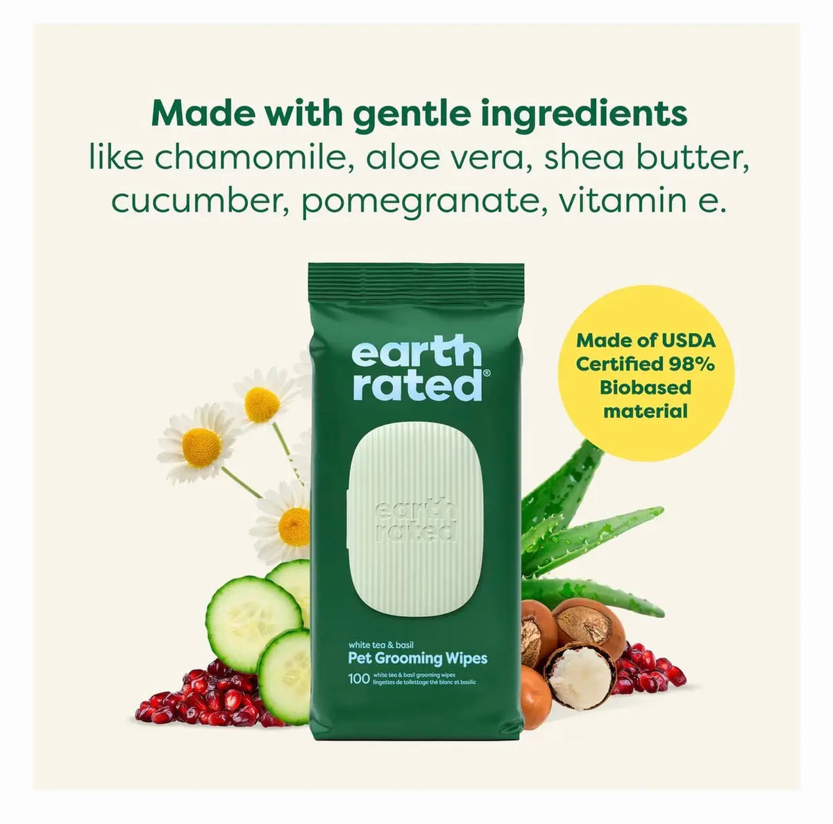 Earth Rated Dog Grooming Wipes Infused with White Tea & Basil - 100 Count