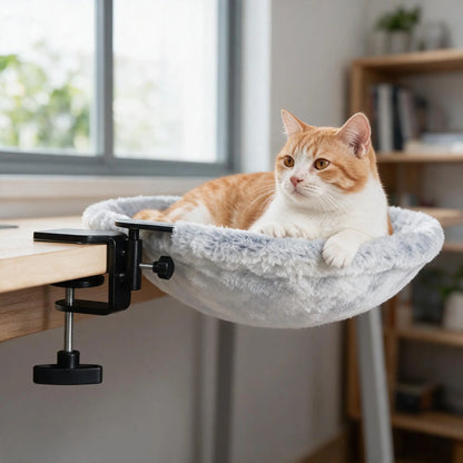 Elevated Cat Hammock Condo with Desk Clamp - Contemporary Marble Aesthetic, Durable Velcro Nylon, 360-Degree Rotatable for Enhanced Pet Comfort