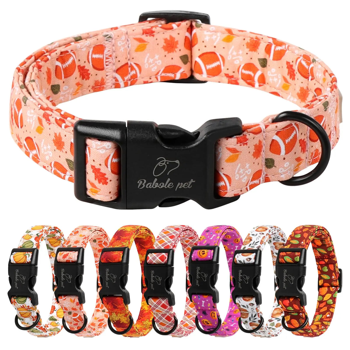 Amber Fall Pumpkin Cotton Dog Collar - Lightweight, Adjustable, and Durable with Plastic Buckle for Small Dogs, 5/8" Wide, Fits Necks 8-12", Chew Resistant, Hand Wash Only