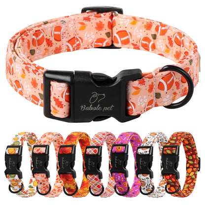 Amber Fall Pumpkin Cotton Dog Collar - Lightweight, Adjustable, and Durable with Plastic Buckle for Small Dogs, 5/8" Wide, Fits Necks 8-12", Chew Resistant, Hand Wash Only