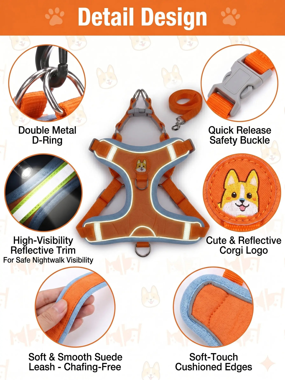 Adjustable Pet Harness and Leash Set - Soft Suede Vest with Durable Reflective Features for Tangle-Free Walking, Perfect for Daily and Nighttime Outdoor Activities