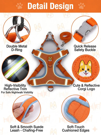 Adjustable Pet Harness and Leash Set - Soft Suede Vest with Durable Reflective Features for Tangle-Free Walking, Perfect for Daily and Nighttime Outdoor Activities