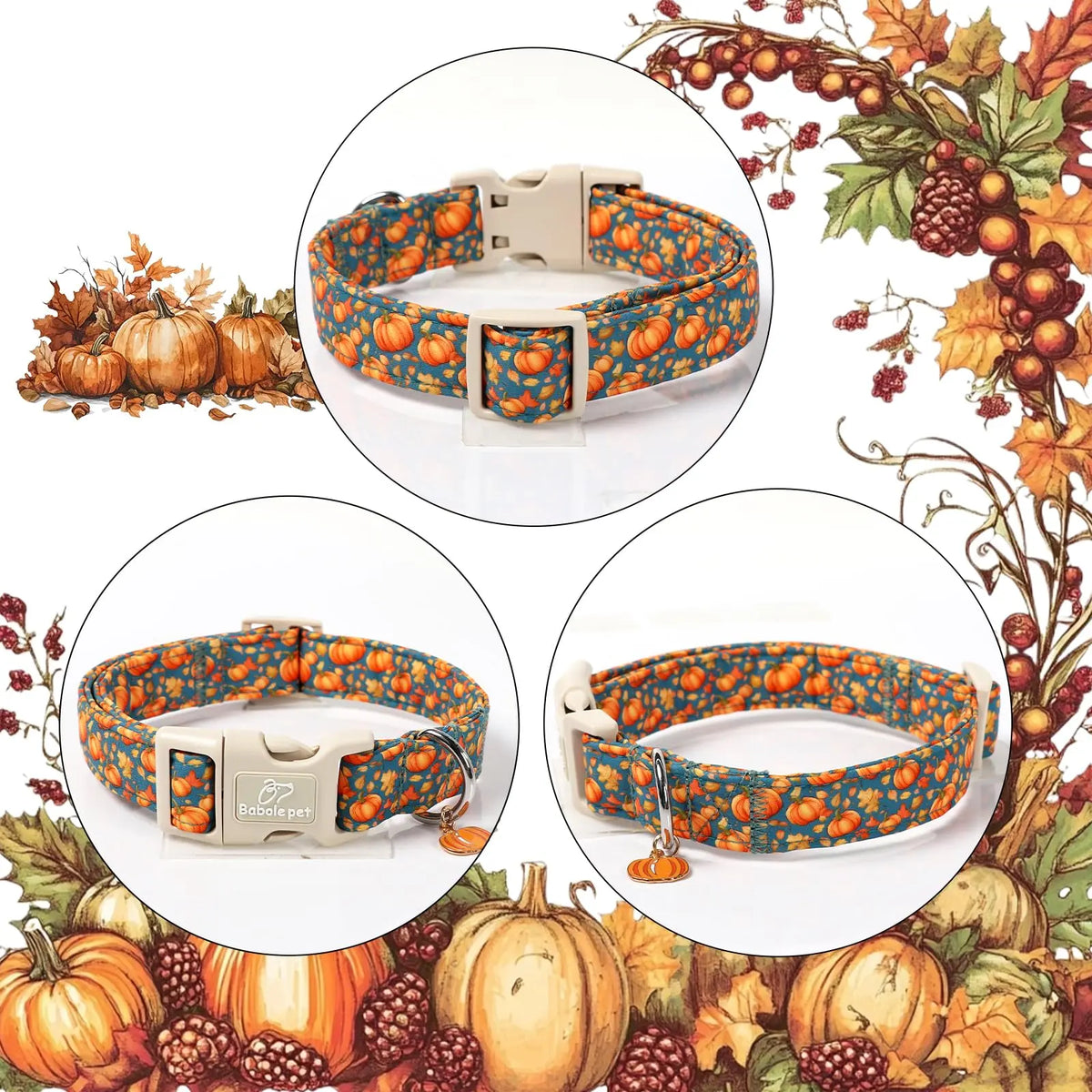 Amber Fall Pumpkin Cotton Dog Collar - Lightweight, Adjustable, and Durable with Plastic Buckle for Small Dogs, 5/8" Wide, Fits Necks 8-12", Chew Resistant, Hand Wash Only