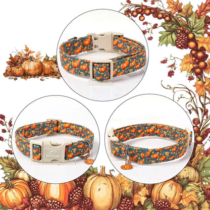 Amber Fall Pumpkin Cotton Dog Collar - Lightweight, Adjustable, and Durable with Plastic Buckle for Small Dogs, 5/8" Wide, Fits Necks 8-12", Chew Resistant, Hand Wash Only