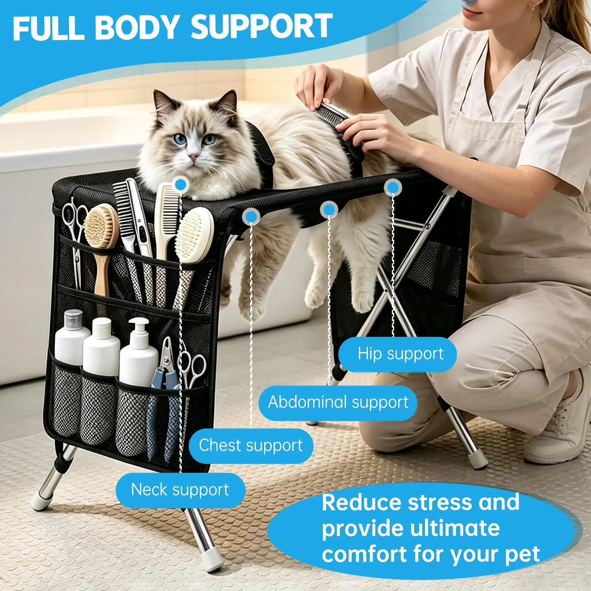 Pet Grooming Hammock for Small Dogs and Cats (Up to 22 lbs) - Stainless Steel Stand with Foldable Joint Protection Restraint for Grooming, Nail Trimming, and Bathing Care