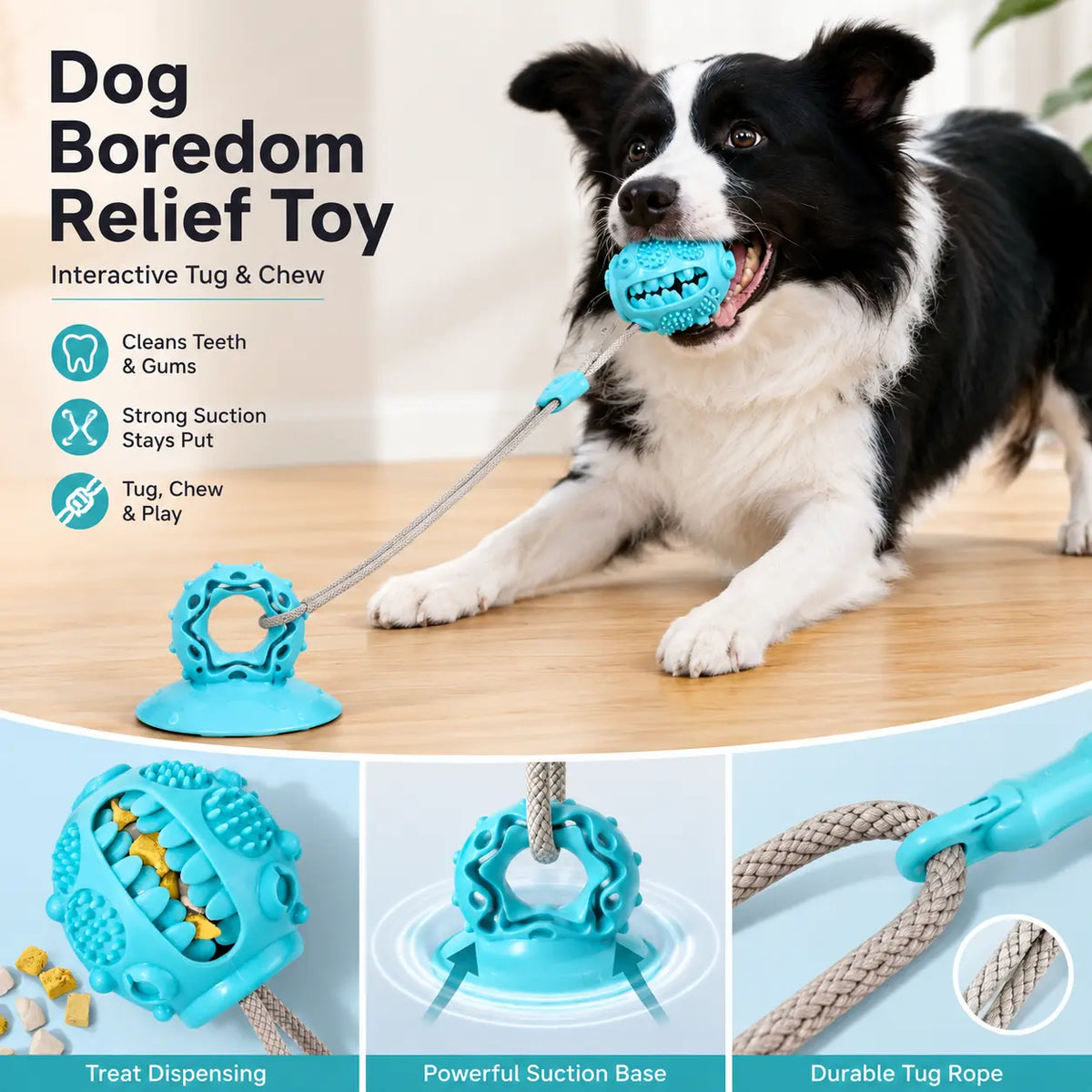Durable Interactive Dog Chew Toy with Suction Cup and Treat Dispensing Features, TPR Teeth Cleaning Ball with Rope, Puzzle Feeder and Enrichment Toy for Puppies and Small to Medium Dogs, Ideal for Indoor Self-Play and Training