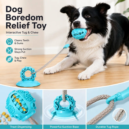 Durable Interactive Dog Chew Toy with Suction Cup and Treat Dispensing Features, TPR Teeth Cleaning Ball with Rope, Puzzle Feeder and Enrichment Toy for Puppies and Small to Medium Dogs, Ideal for Indoor Self-Play and Training