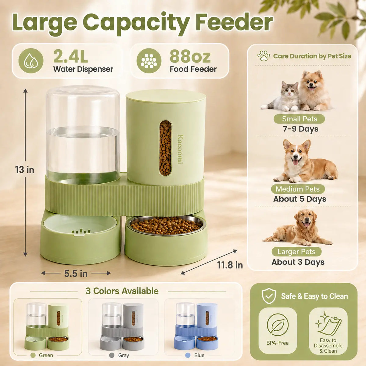 Kacoomi Dual Automatic Gravity Feeder and Water Dispenser Set for Cats - 2.4L Auto-Refill Water Capacity, 88Oz Mess-Free Food Storage, Durable Stainless Steel Bowl, Easy to Clean, Suitable for All Seasons