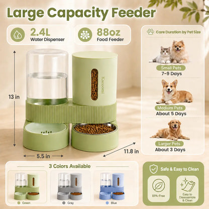 Kacoomi Dual Automatic Gravity Feeder and Water Dispenser Set for Cats - 2.4L Auto-Refill Water Capacity, 88Oz Mess-Free Food Storage, Durable Stainless Steel Bowl, Easy to Clean, Suitable for All Seasons