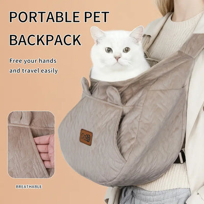 Khaki Quilted Pet Carrier Backpack with Concealed Front Storage, Breathable Fabric, Adjustable Straps, and Enhanced Portability for Small to Medium Dogs and Cats, Ideal for Outdoor Travel and Walks