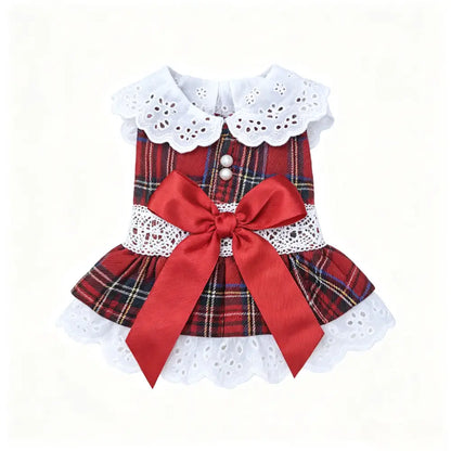 Chic Cotton Blend Red Plaid Lace Bow Dog Dress for Small Breeds, Ideal for Chihuahuas and Yorkies