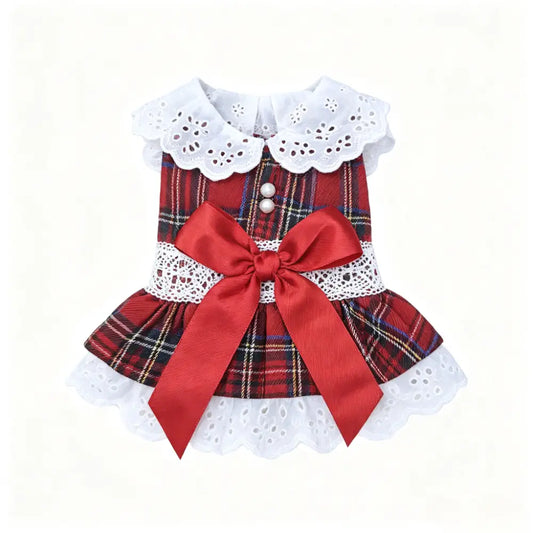 Chic Cotton Blend Red Plaid Lace Bow Dog Dress for Small Breeds, Ideal for Chihuahuas and Yorkies
