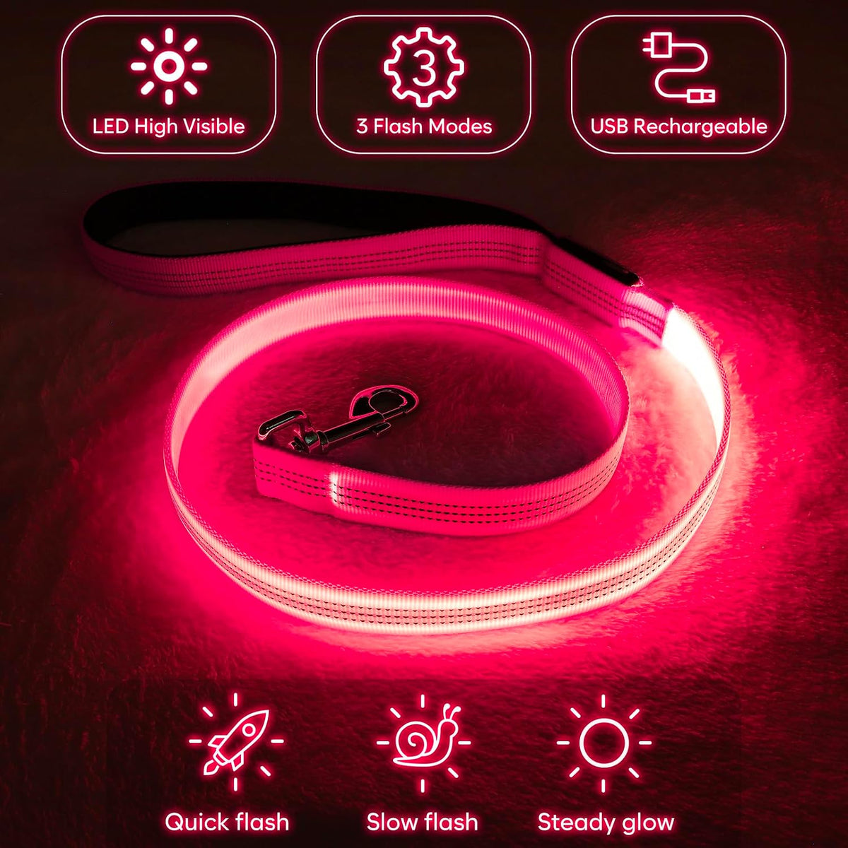 USB Rechargeable LED Illuminated Dog Leash (4ft, Pink)