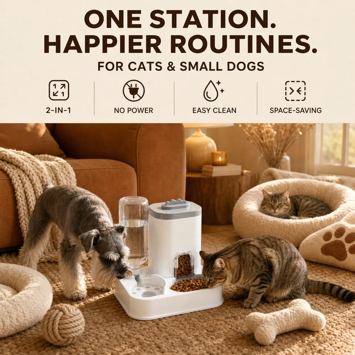 PAWSURD 2-In-1 Automatic Gravity Pet Feeder and Fresh Water Dispenser, Adjustable Food Flow, No Power Required, Perfect for Home and Short Trips, Suitable for Cats and Small Dogs