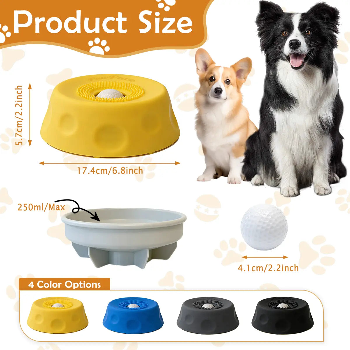 Pawpace Silicone Slow Feed Dog Bowl - 250ml No-Mess Design with Ball, Spatula Included, and 8 Suction Cups for Improved Mental Stimulation and Clean Feeding Experience