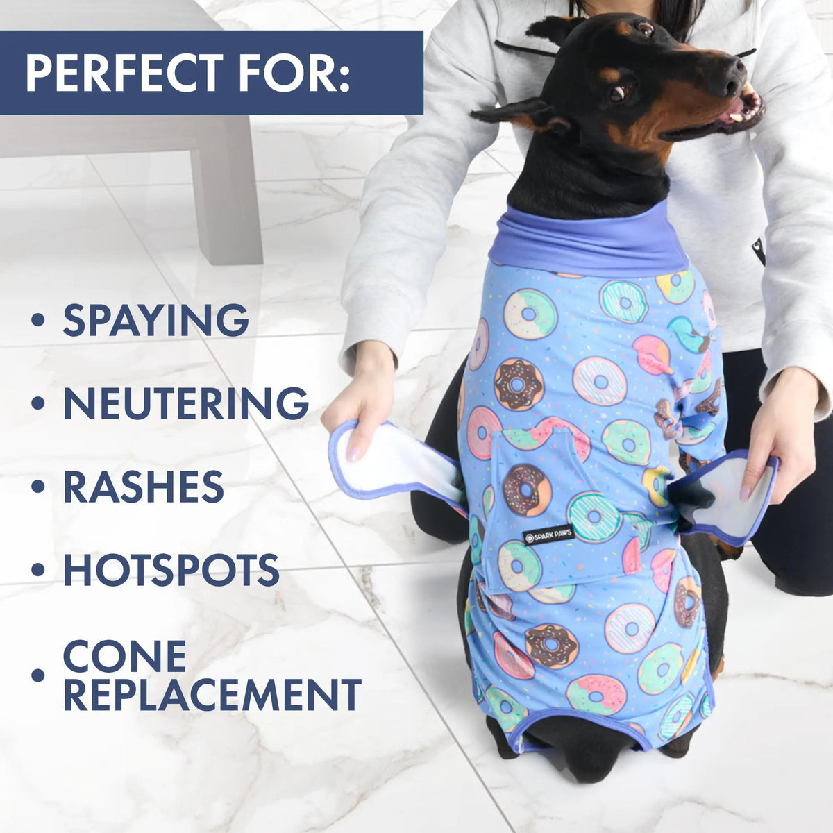 Spark Paws Dog Recovery Suit - Post-Surgery Onesie for Dogs, Anti-Lick Abdominal Wound Protector, Soft Alternative to Cone for Spay/Neuter Recovery, Donut Pattern, Size Small