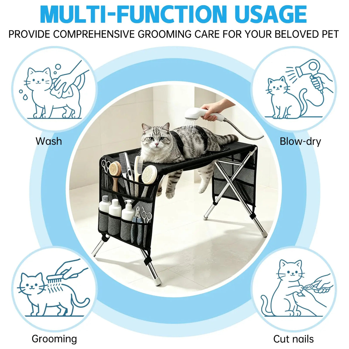 Pet Grooming Hammock for Small Dogs and Cats (Up to 22 lbs) - Stainless Steel Stand with Foldable Joint Protection Restraint for Grooming, Nail Trimming, and Bathing Care