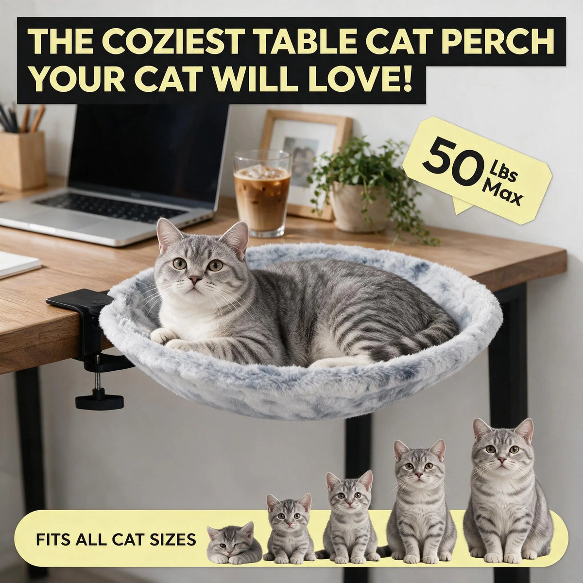 Elevated Cat Hammock Condo with Desk Clamp - Contemporary Marble Aesthetic, Durable Velcro Nylon, 360-Degree Rotatable for Enhanced Pet Comfort
