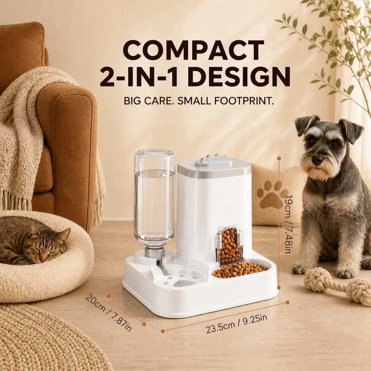 PAWSURD 2-In-1 Automatic Gravity Pet Feeder and Fresh Water Dispenser, Adjustable Food Flow, No Power Required, Perfect for Home and Short Trips, Suitable for Cats and Small Dogs