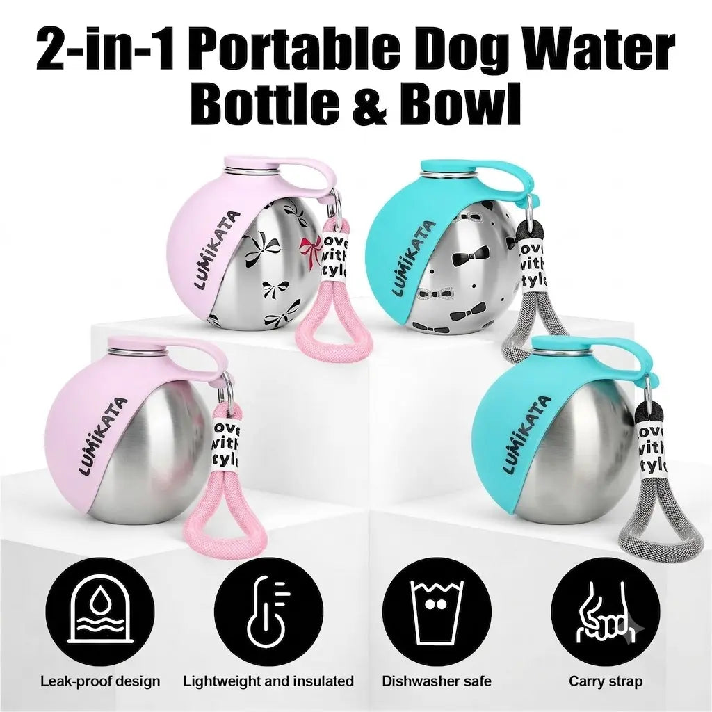 Lumikata 2-in-1 Portable Dog Water Bottle - 10oz Stainless Steel with Silicone Foldable Bowl, Leak-Proof Design for Small Dogs and Pet Feeding Supplies