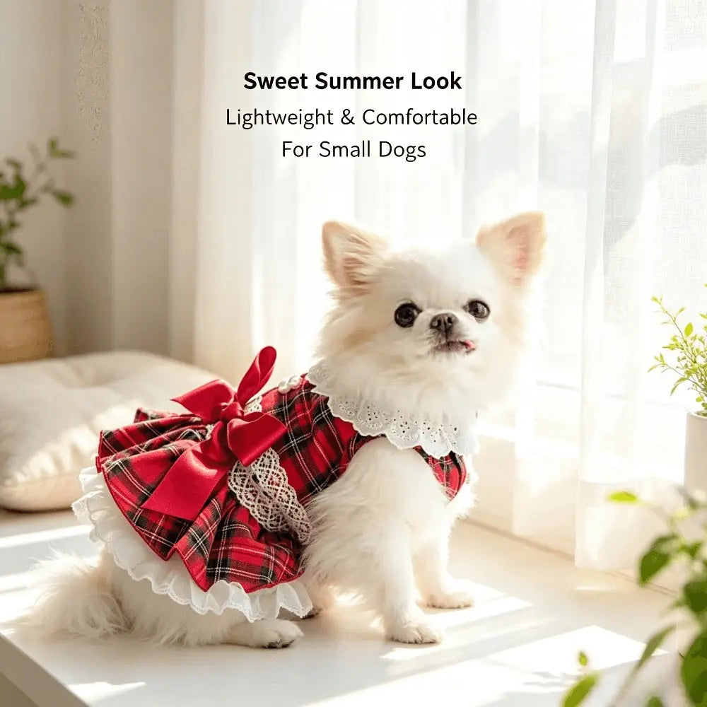 Chic Cotton Blend Red Plaid Lace Bow Dog Dress for Small Breeds, Ideal for Chihuahuas and Yorkies