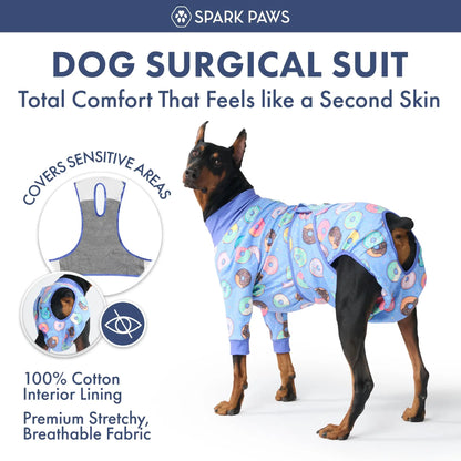 Spark Paws Dog Recovery Suit - Post-Surgery Onesie for Dogs, Anti-Lick Abdominal Wound Protector, Soft Alternative to Cone for Spay/Neuter Recovery, Donut Pattern, Size Small