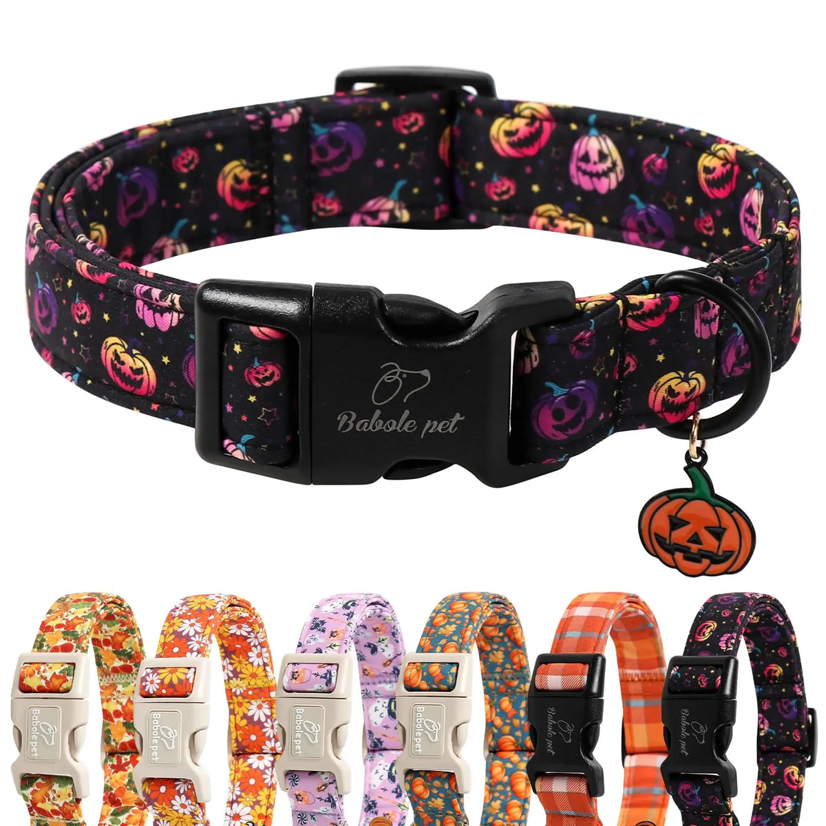 Amber Fall Pumpkin Cotton Dog Collar - Lightweight, Adjustable, and Durable with Plastic Buckle for Small Dogs, 5/8" Wide, Fits Necks 8-12", Chew Resistant, Hand Wash Only