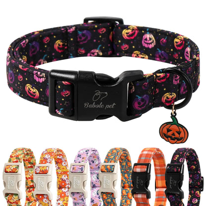 Amber Fall Pumpkin Cotton Dog Collar - Lightweight, Adjustable, and Durable with Plastic Buckle for Small Dogs, 5/8" Wide, Fits Necks 8-12", Chew Resistant, Hand Wash Only