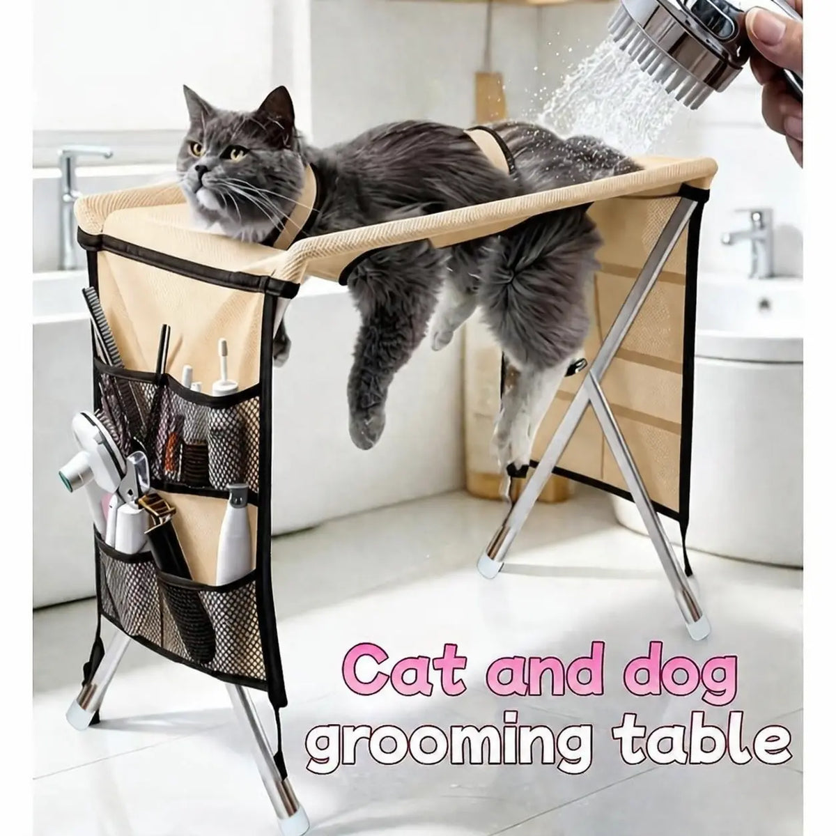 Pet Grooming Hammock for Small Dogs and Cats (Up to 22 lbs) - Stainless Steel Stand with Foldable Joint Protection Restraint for Grooming, Nail Trimming, and Bathing Care