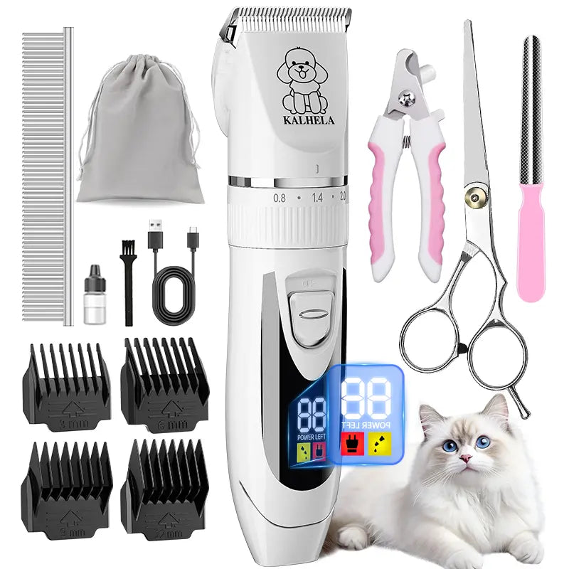 Professional Rechargeable Cordless Dog Grooming Clippers with Integrated Batteries, Low Noise and Vibration, LCD Digital Display, Complete Grooming Kit with Deodorant Plastic Combs, Universal Pet Hair Trimmer for Dogs and Rabbits