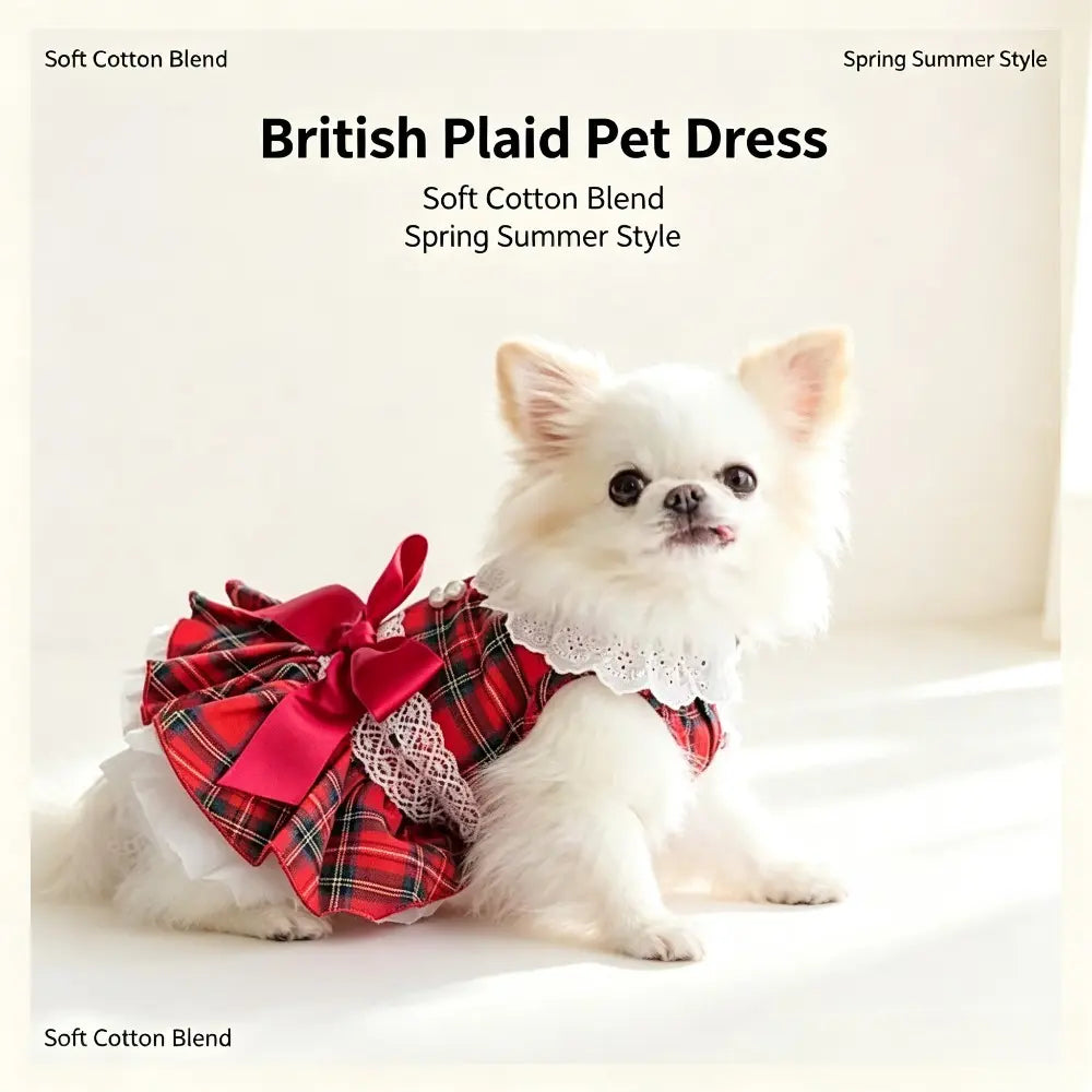 Chic Cotton Blend Red Plaid Lace Bow Dog Dress for Small Breeds, Ideal for Chihuahuas and Yorkies