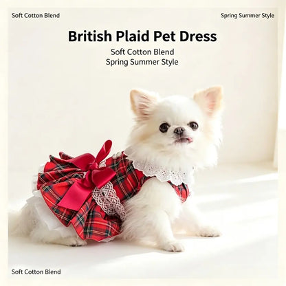 Chic Cotton Blend Red Plaid Lace Bow Dog Dress for Small Breeds, Ideal for Chihuahuas and Yorkies