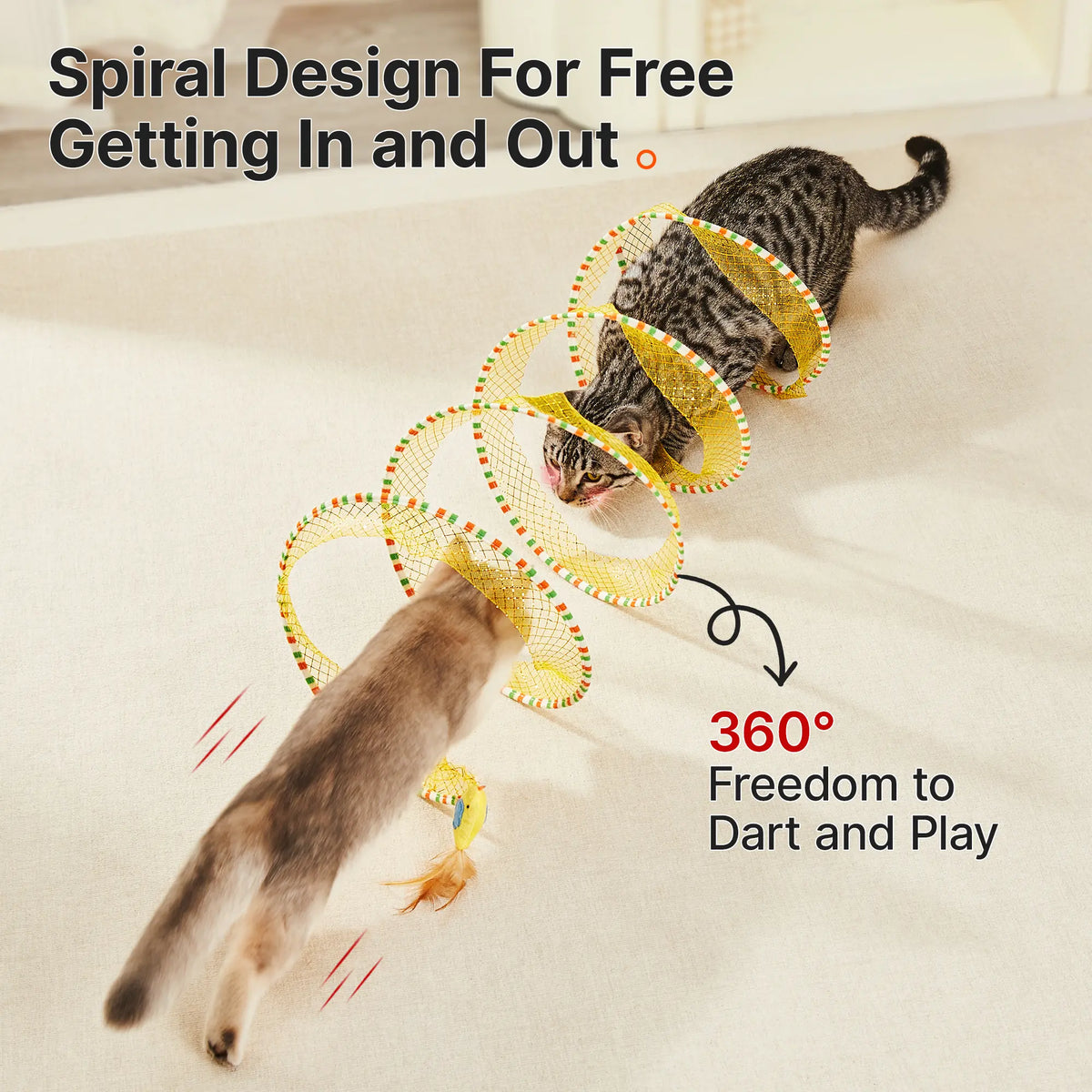 Potaroma Collapsible Spiral Cat Tunnel Toy - Flexible Spring Design, Travel-Friendly Mesh with Feather and Bell, 20-Inch Unfolded for Indoor Kittens, Enriching Pet Accessory for Bird Engagement