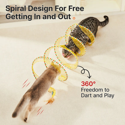 Potaroma Collapsible Spiral Cat Tunnel Toy - Flexible Spring Design, Travel-Friendly Mesh with Feather and Bell, 20-Inch Unfolded for Indoor Kittens, Enriching Pet Accessory for Bird Engagement