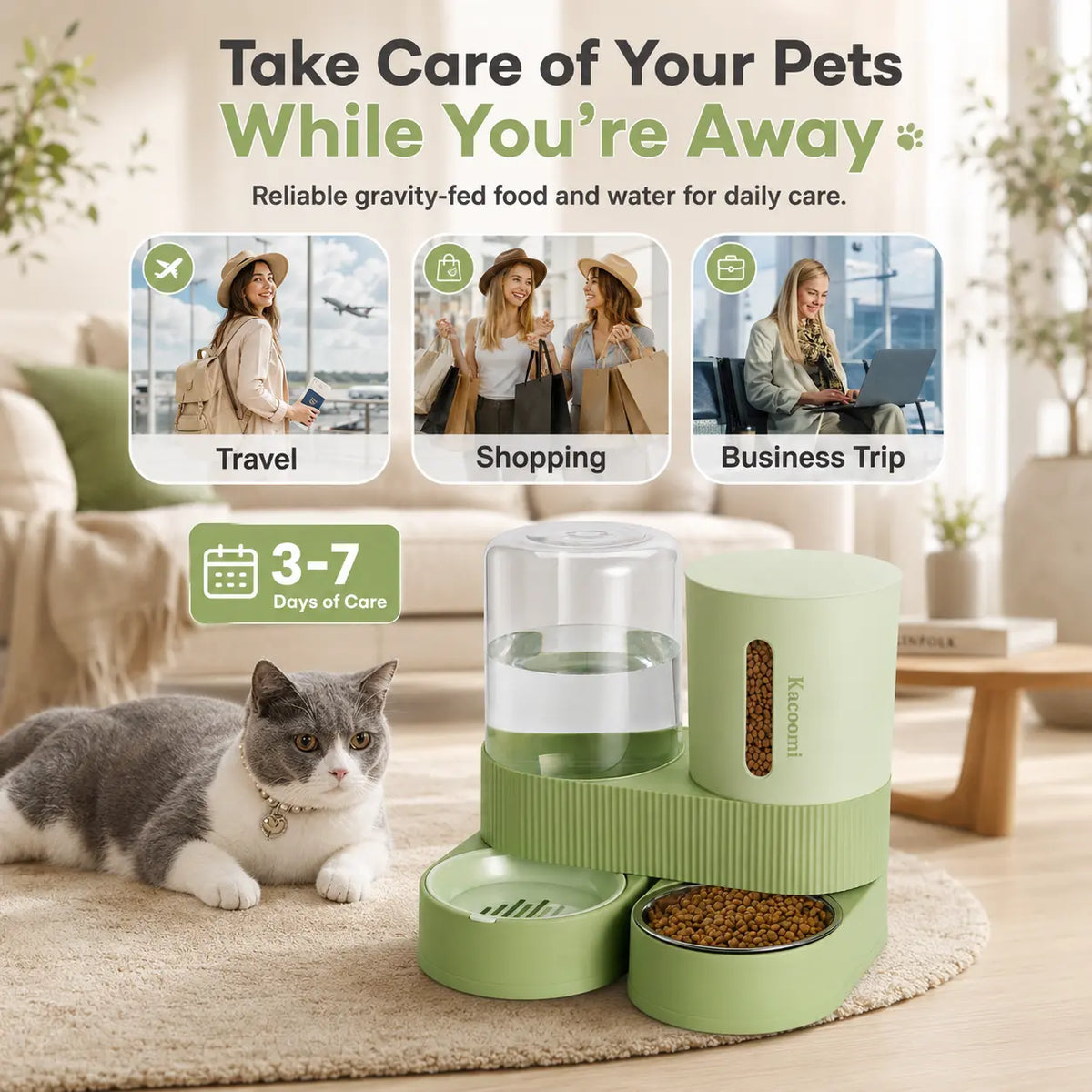 Kacoomi Dual Automatic Gravity Feeder and Water Dispenser Set for Cats - 2.4L Auto-Refill Water Capacity, 88Oz Mess-Free Food Storage, Durable Stainless Steel Bowl, Easy to Clean, Suitable for All Seasons