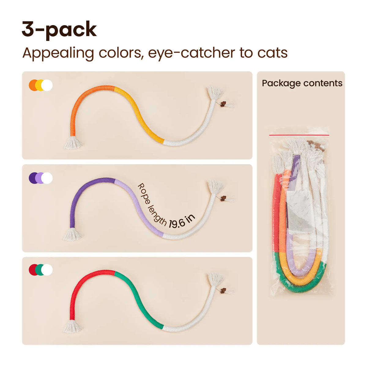 Potaroma 3-Pack Organic Cotton Snake-Shaped Interactive Cat Chew Ropes - Value Dental Care Toys for Indoor Kittens, Promoting Teeth Cleaning, Quiet Play, Increased Exercise, and Calming Benefits